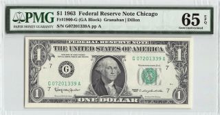 United States 1963 Fr.  1900 - G Pmg Gem Unc 65 Epq 1 Dollar Frn Chicago (ga Block)