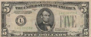 1934 Series $5 Frn Green Seal - L District - San Francisco,  Ca.  Vf