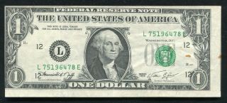 1974 $1 One Dollar Frn Federal Reserve Note “print Shift Error” Very Fine,