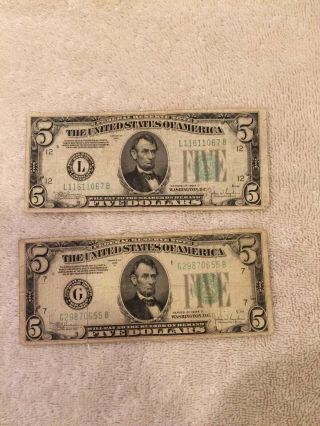 1934 Series 2x $5 Five Dollar Federal Reserve Note Green L11611067b G29870655b