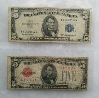 1928 - E & 1953 - A $5 Five Dollar Notes Silver Certificate Old Bill Red Blue Seal