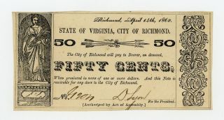 1862 50c The City Of Richmond,  Virginia Note - Civil War Era Au