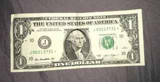 2013 Low Serial Number $1 One Dollar Star Note Bill Series J