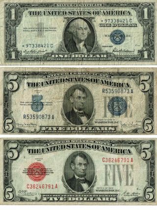 1928 Red Seal $5,  1934 $5 Silver Certificate,  $1 1957 Blue Seal Silver Frn