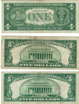 1928 RED SEAL $5,  1934 $5 SILVER CERTIFICATE,  $1 1957 BLUE SEAL SILVER FRN 2