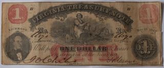 Us Obsolete Virginia Treasury Note 1 Dollar 1862