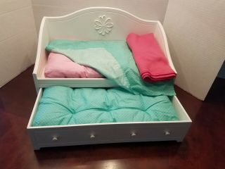 American Girl Doll White Dreamy Day Bed With Trundle Green & Pink Bedding