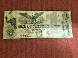 1852 $1 Cochituate Boston Bank Obsolete Currency Cu042/re Autographs Nr