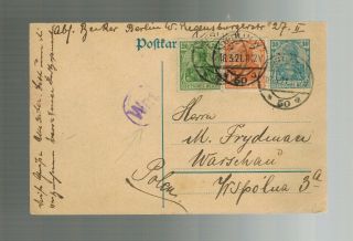1921 Berlin Germany Postal Stationery Postcard Cover To Warsaw Poland
