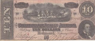 10 Dollars Very Fine Banknote From Confederate States Of America 1864
