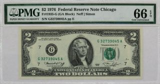 1976 $2 Federal Reserve Note Chicago Ga Block Fr.  1935 - G Pmg 66 Gem Un Epq (045a)