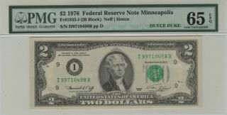 1976 $2 Federal Reserve Note Minneapolis Fr.  1935 - I Ib Block Pmg Cu 65 Epq Gem