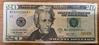 Five Zero $20 Dollar Bill Star Note Low Serial Number.  Ma00020049.