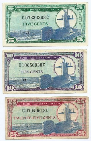 Us Military Payment Certificate Mpc 1969 Series 681 5,  10 & 25 Cents Notes