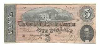 Orig.  1864 Confederate $5.  00 Note Aunc