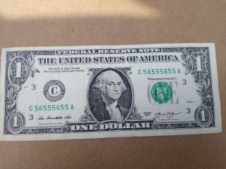 Series 2013 Repeater Fancy Serial Number Note $1 Dollar Bill Us,  C 56555655 A
