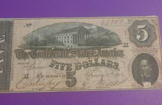1864 $5 Us Confederate States Of America Currency,  155 Years Old