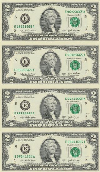 Uncut 4 Sheet - Series 2003 A $2 Bills - Federal Reserve Notes - Gem Beauty