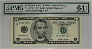 1999 $5 Federal Reserve Star Note Chicago Pmg 64 Epq Choice Unc Bg Block (606