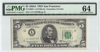 United States 1963a Fr.  1968 - L Pmg Choice Unc 64 $5 San Francisco Frn