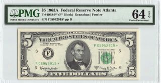 United States 1963a Fr.  1968 - F Pmg Choice Unc 64 Epq $5 Atlanta Frn Star
