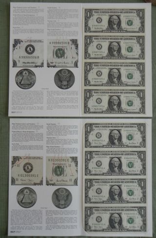 2 Uncut Sheets Of 4 $1 One Dollar Bills,  1999 And 2001 Series