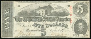 1863 Confederate States Csa $5 Five Dollars T - 60 Note