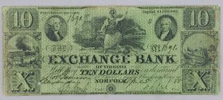1858 The Exchange Bank Of Virginia Norfolk $10 Note