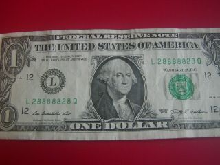 Us Dollar Bill Fancy Unique Serial Lucky 8 Repeat Binary Near Solid 28888828