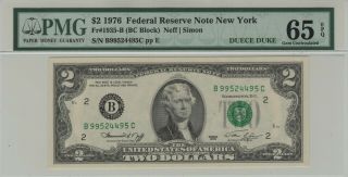 1976 $2 Federal Reserve Note York Ny Fr.  1935 - B Bc Block Pmg Cu 65 Epq Gem