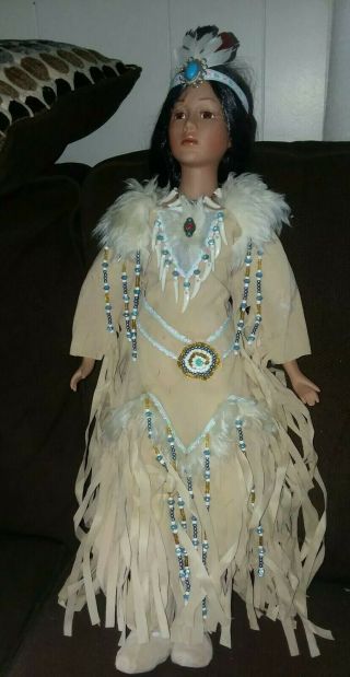 Native American Porcelain Doll 2 Foot Tall Unbranded Indian Princess W/headdress