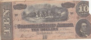 10 Dollars Fine Banknote From Confederate States Of America 1864