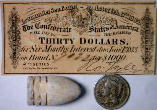 1864 Confederate $30 Interest Note,  Civil War Bullet,  1874 Three Cent Coin Nr