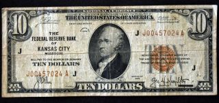 1929 Series $10 Ten Dollar Federal Reserve Bank Of Kansas City Note Bill J220