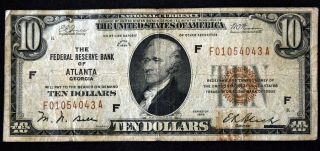 1929 Series $10 Ten Dollar Federal Reserve Bank Of Atlanta Note Bill K178
