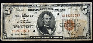 1929 Series $5 Five Federal Reserve Bank Of Boston Note Bill K216