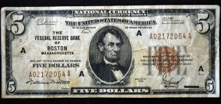 1929 Series $5 Five Federal Reserve Bank Of Boston Note Bill L186