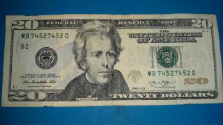 $20 Dollar Note Repeater Serial Number 74527452 Rare Us July 4,  1952 Money