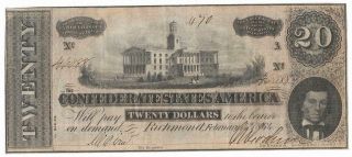 Confederate States Of America $20.  00 Bank Note,  T - 67,  Cr511,  Pt A Sn 46088 Fine