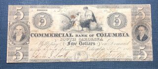 1854 $5 Commerical Bank Of South Carolina Obsolete Note