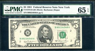 1981 $5 Five Dollar Federal Reserve Note York - Fr.  1976 - B - Pmg 65 Epq