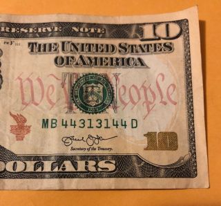 A $10 Circulated Us Ten Dollar Fancy Serial Numbers Mb 44313144 D