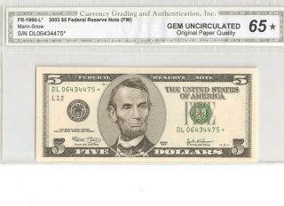 2003 $5 Federal Reserve Fr 1990 - L Star Note Gem 65 Unc San Francisco Marin/snow