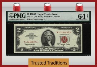 Tt Fr 1514 1963a $2 Legal Tender Note Jefferson Red Seal Pmg 64 Epq Choice Unc