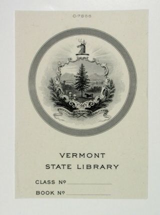 Abn Proof Vignette " Vermont State Library " Book Plate 1900 - 30s Cu Black Abnc