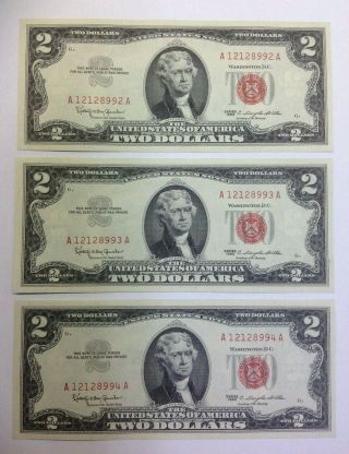 Set Of 3 Uncirculated $2 Two Dollar Bills Series 1963 Consecutive Serial Numbers