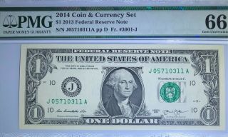 2014 Pmg Coin & Currency Set $1 2013 Federal Reserve Note 66 Gem Uncirculated