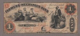 1860 $1 The Farmers And Mechanics Bank Savannah,  Georgia Obsolete Currency