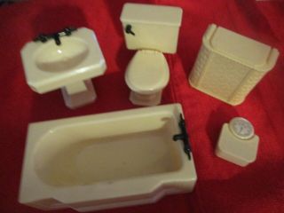renwal bathroom tub scale toile plastic rare BABY 50s dollhouse 6 pc hamper sink 2