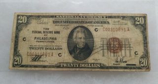 1929 Twenty Dollar $20 National Currency Bank Note Philadelphia,  Pa Brown Seal